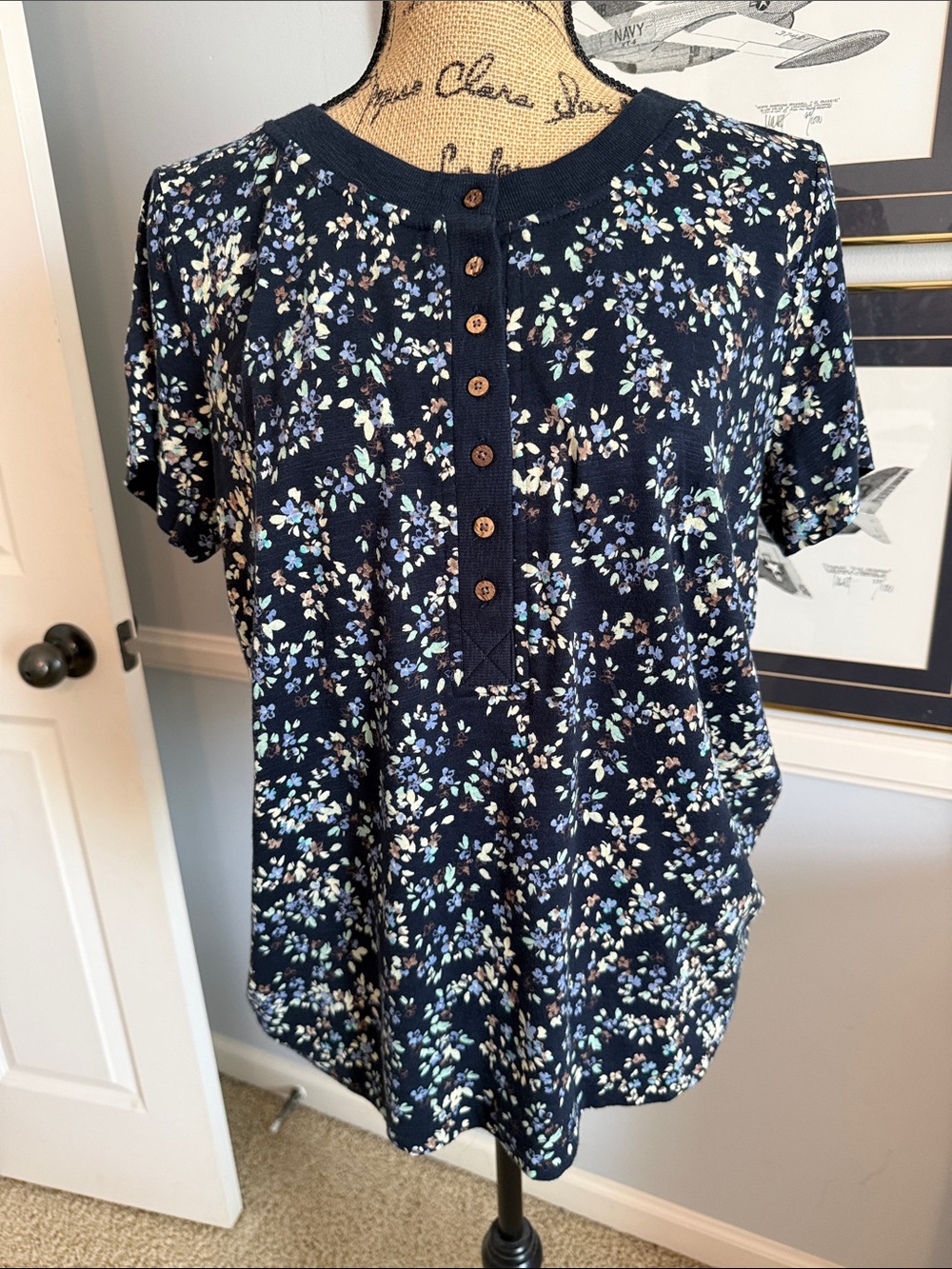 J. Jill Navy Floral Henley Tee with Mint and Light Blue Accents